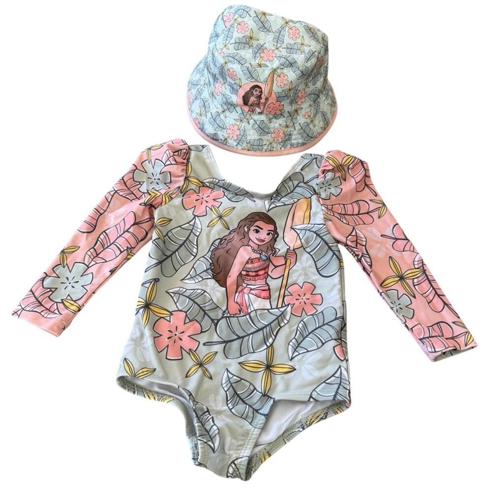 Disney Princess Moana Rashguard Long Sleeves  One-Piece Swimsuit Hat Set 18M